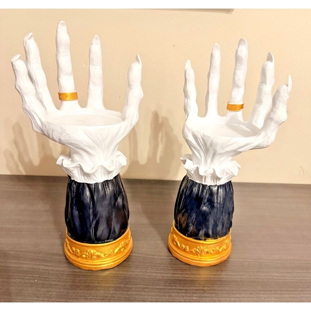 Skeleton Hand Candle Holder Pair Gothic Halloween White Black Gold 9 Inch
